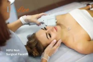 Woman having Hi-Fu to reduce wrinkles Rugby.