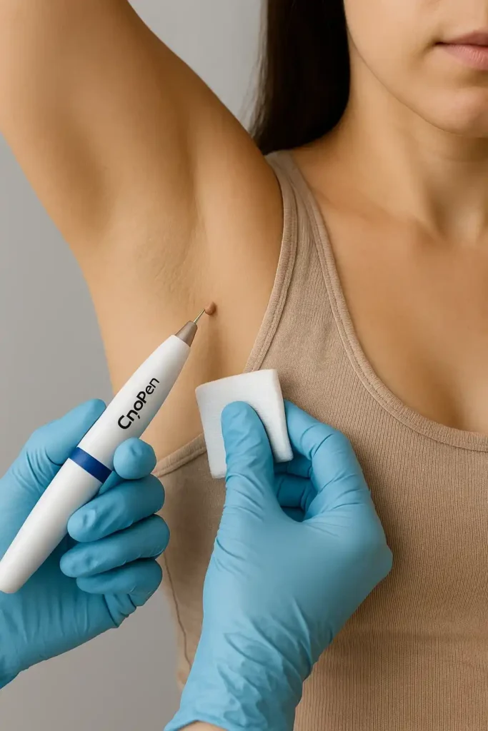 woman having cryopen to remove underarm skin tags Rugby