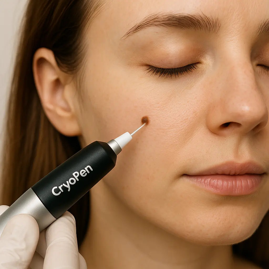 woman receiving facial mole removal Rugby using cryopen